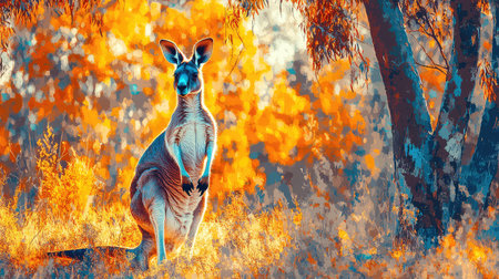A stunning artistic image showcases a kangaroo in a vibrant Australian landscape, bathed in warm autumn colors, capturing the essence of nature's beauty.の素材