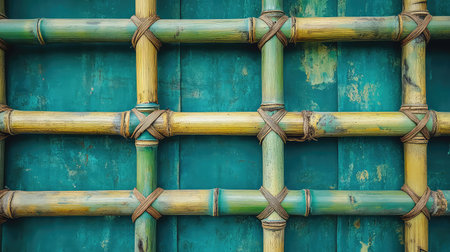 This close-up image showcases a beautifully crafted bamboo wall featuring a rich green background. The intricate craftsmanship and textures highlight the natural beauty of bamboo, creating a serene atmosphere.の素材