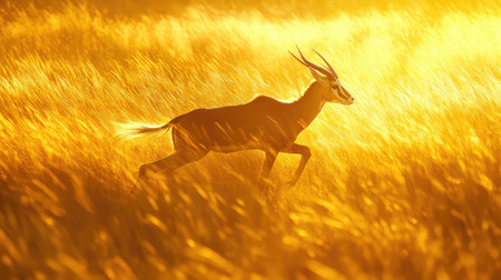 An antelope gracefully runs across a golden grassland during sunset. The vibrant sunlight enhances the scene, highlighting its motion and beauty in nature.の素材