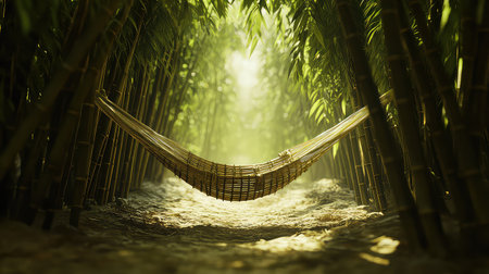 Experience serenity in a bamboo forest featuring a hanging hammock surrounded by lush greenery and soft natural light, perfect for relaxation and peace.の素材