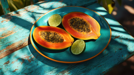 This image features beautifully sliced papaya with lime on a bright blue plate, showcasing vibrant colors and natural shadows that evoke a tropical feel.の素材