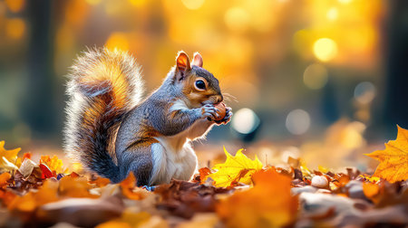 A charming squirrel is seen foraging among a blanket of vibrant autumn leaves, set against a warm golden backdrop, showcasing the beauty of nature.の素材