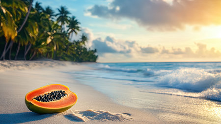 A refreshing papaya sits on a tranquil tropical beach, with gentle waves lapping the shore and lush palm trees framing a picturesque sunset.の素材