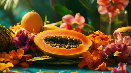A striking arrangement of fresh papaya surrounded by vibrant flowers and lush greenery, showcasing the beauty of tropical produce and natural colors.の素材