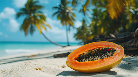 A vibrant and fresh papaya rests on warm sand, surrounded by lush palm trees and a clear blue ocean, evoking feelings of tropical paradise.の素材