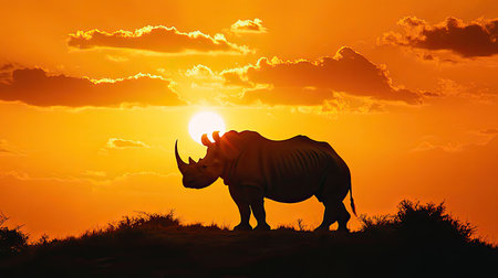 A striking silhouette of a rhinoceros stands against a stunning sunset, showcasing the beauty of wildlife in its natural habitat. This image embodies the essence of nature.の素材