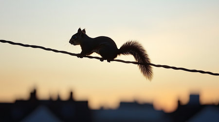 A beautiful silhouette of a squirrel perched on a power line against a vibrant sunset sky, showcasing urban wildlife in a serene evening setting.の素材