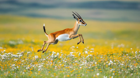 A stunning antelope leaps gracefully through a colorful meadow, surrounded by blooming wildflowers under a bright blue sky, showcasing natureの素材