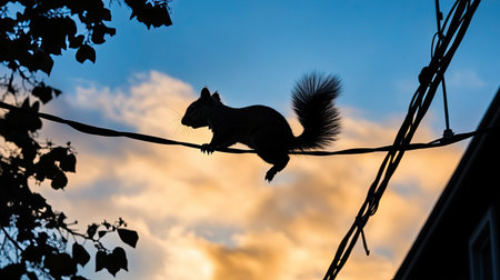 A striking silhouette of a squirrel perched on a power line, highlighted against a beautifully vibrant sunset sky filled with clouds.の素材