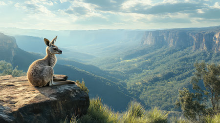 A kangaroo sits peacefully on a rock, gazing over a breathtaking valley and mountains. The serene atmosphere captures the essence of nature and wildlife.の素材