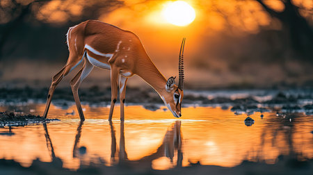 A stunning scene captures an antelope drinking water at sunset, its reflection shimmering in the calm surface. The vibrant colors depict a serene moment in nature.の素材