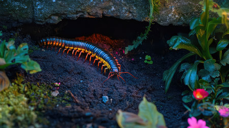 A close-up image of a vibrant millipede crawling along the soil under a rock. Surrounded by lush green plants and colorful flowers, this scene captures the beauty of nature's ecosystem.の素材