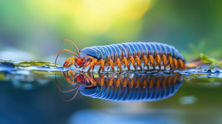 A stunning close-up image of a colorful insect gracefully crawling on water, capturing intricate details and vibrant colors against a soft, blurred background.の素材