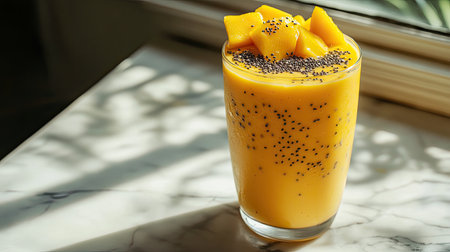 A vibrant mango smoothie featuring chia seeds and fresh mango pieces, served in a clear glass on a marble countertop, perfect for a refreshing summer drink.の素材