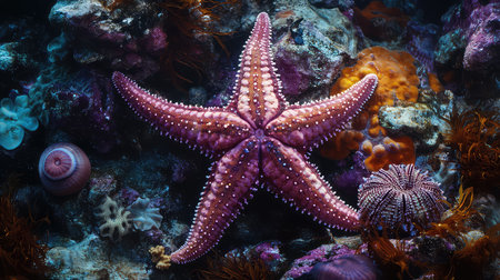 A stunning purple starfish rests gracefully on a vibrant coral reef, showcasing the beauty and diversity of marine life in an enchanting underwater world.の素材