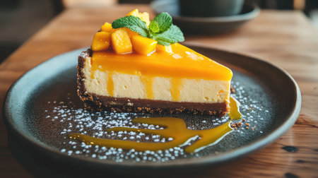 A delectable slice of mango cheesecake topped with fresh mango pieces and mint garnish, served on a textured plate. Perfect for dessert enthusiasts.の素材