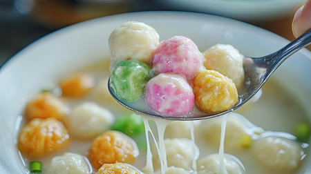 A delightful bowl of colorful sweet dumplings floating in creamy coconut milk. The spoon captures the chewy texture and vibrant colors, perfect for sharing.の素材