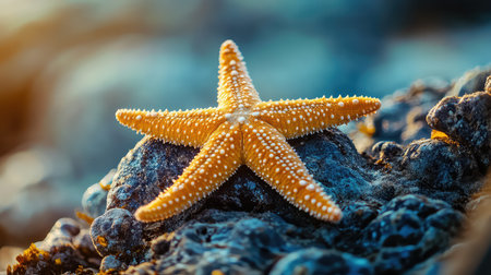 A vibrant orange starfish rests on rugged rocky terrain, illuminated by soft golden light at sunset, showcasing marine beauty and coastal tranquility.の素材