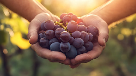 Two hands gently cradling a cluster of ripe grapes in a scenic vineyard. The warm glow of sunset highlights the beauty of nature's bounty, symbolizing harvest season.の素材