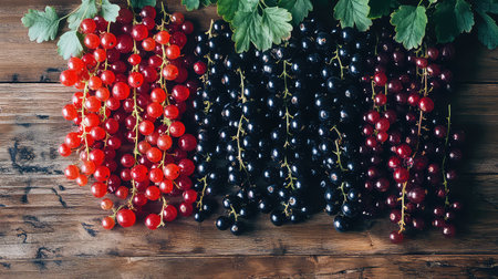 A vibrant display of fresh red and black currants on a rustic wooden surface, accented with green leaves, perfect for food lovers and culinary enthusiasts.の素材
