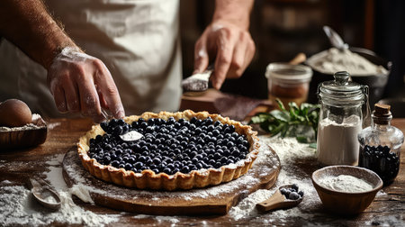A close-up scene depicting the preparation of a rustic blueberry pie, showcasing fresh berries, baking tools, and a warm kitchen atmosphere filled with flour and ingredients.の素材