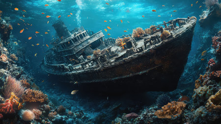 This stunning underwater image captures a sunken shipwreck surrounded by a vibrant coral reef, teeming with colorful marine life, creating a mesmerizing underwater scene.の素材
