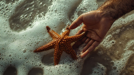 A close-up view of a hand gently holding a vibrant starfish in shallow beach water, surrounded by foamy waves and soft sand, capturing a moment of nature's beauty.の素材