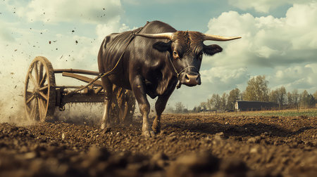 A strong ox diligently pulls a plow through a dusty field, showcasing traditional farming methods against a backdrop of dramatic clouds and rustic scenery.の素材