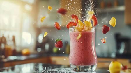 A vibrant and colorful fruit smoothie bursts with fresh ingredients, creating an eye-catching splash in a modern kitchen setting, showcasing health and vitality.の素材