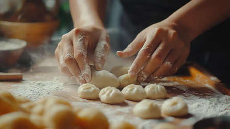A pair of hands skillfully shaping dumplings on a wooden surface dusted with flour. The warm kitchen atmosphere evokes tradition and comfort through culinary creativity.の素材