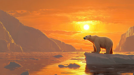 A stunning scene featuring a polar bear standing proudly on a floating iceberg, backlit by a vibrant sunset. This captivating moment highlights the beauty of Arctic wildlife and the serene environment.の素材