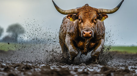 A dynamic shot of a Highland cow sprinting through a muddy field, capturing the power and beauty of this unique animal against a dramatic sky.の素材