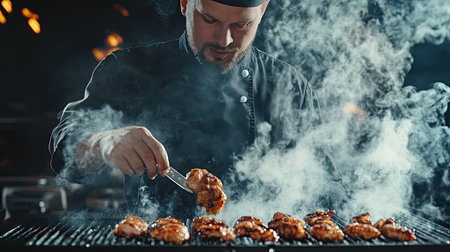 A skilled chef expertly grills pieces of chicken on a charcoal barbecue, surrounded by vibrant flames and rich smoke, showcasing culinary artistry and passion.の素材