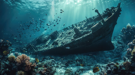 This captivating underwater image showcases a majestic shipwreck resting on the ocean floor, enveloped by colorful coral reefs and diverse marine life. Sunlight filters through the water, creating a serene atmosphere and inviting exploration of this stunning aquatic ecosystem.の素材