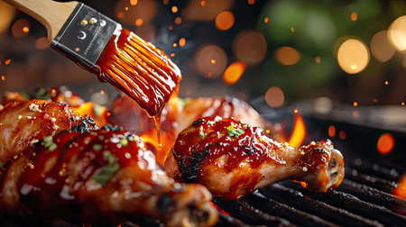 Succulent chicken drumsticks are coated in rich barbecue sauce and grilled to perfection, capturing the essence of summer cooking outdoors.の素材