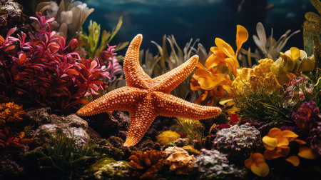 Explore a captivating underwater scene showcasing a striking orange starfish among exquisite coral and vibrant marine plants, emphasizing oceanic beauty.の素材