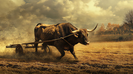 An awe-inspiring image of a powerful ox pulling a plow in a golden wheat field, set against a dramatic sky. The scene captures the essence of traditional farming and the beauty of rural life.の素材
