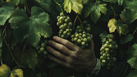 A close-up view of a hand gently reaching for green grapes nestled among lush green vine leaves in a serene vineyard setting, symbolizing nature's bounty.の素材