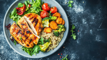 This vibrant plate features grilled chicken breast paired with a colorful array of fresh vegetables and quinoa, embodying a wholesome meal packed with nutrients.の素材