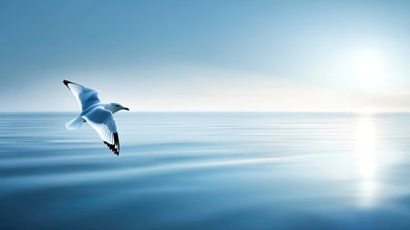 A graceful seagull soars over a serene ocean, capturing the essence of tranquility and freedom in nature's stunning morning light. This peaceful scene evokes calm.の素材