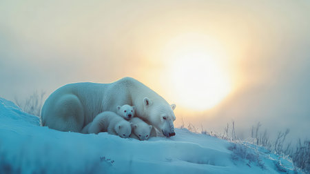 A serene scene captures a polar bear with her two adorable cubs cuddled together against a gentle sunrise, enveloped by a white snowy landscape.の素材
