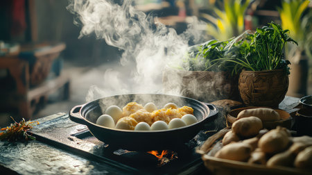 A cozy kitchen scene features a traditional pot with steaming eggs, surrounded by fresh herbs and vegetables on a rustic wooden table, evoking warmth.の素材