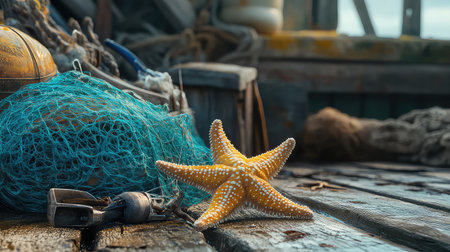 A vibrant starfish rests on a weathered wooden pier, surrounded by fishing gear and nets, evoking a serene coastal atmosphere and beach lifestyle.の素材