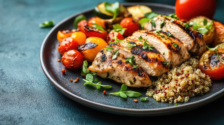 A beautifully arranged plate featuring grilled chicken breast paired with vibrant roasted vegetables and fluffy quinoa, perfect for healthy dining.の素材