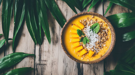 A vibrant tropical smoothie bowl featuring ripe mango slices, shredded coconut, and crunchy granola, beautifully arranged on a rustic wooden table among lush green leaves.の素材