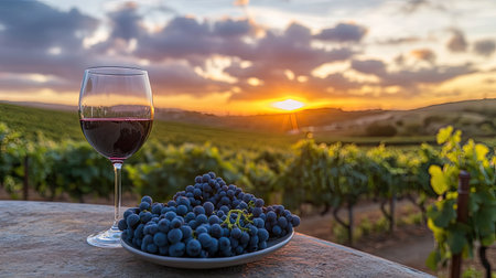 A stunning sunset scene showcasing a glass of red wine beside a plate of fresh grapes, set against the backdrop of lush vineyards. Perfect for evoking relaxation and indulgence.の素材