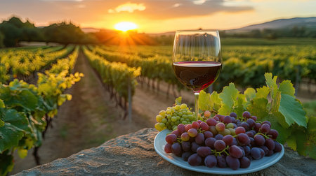 A captivating scene showcasing a glass of red wine beside a plate of freshly picked grapes on a stone table, framed by a lush vineyard at sunset.の素材