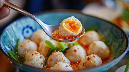 A beautifully presented bowl of dumplings drenched in a spicy sauce, garnished with herbs and served with a spoon, showcasing rich flavors and textures.の素材