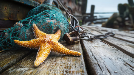 A vibrant starfish rests on a weathered wooden dock surrounded by fishing gear and ocean elements, creating a serene coastal atmosphere.の素材