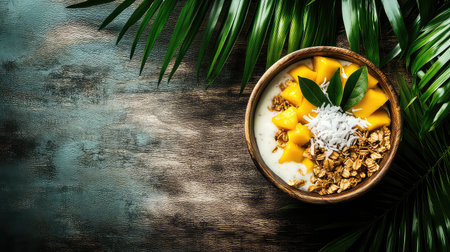 A fresh and vibrant tropical yogurt bowl topped with ripe mango slices, granola, and shredded coconut, surrounded by lush green leaves on a rustic wooden surface.の素材